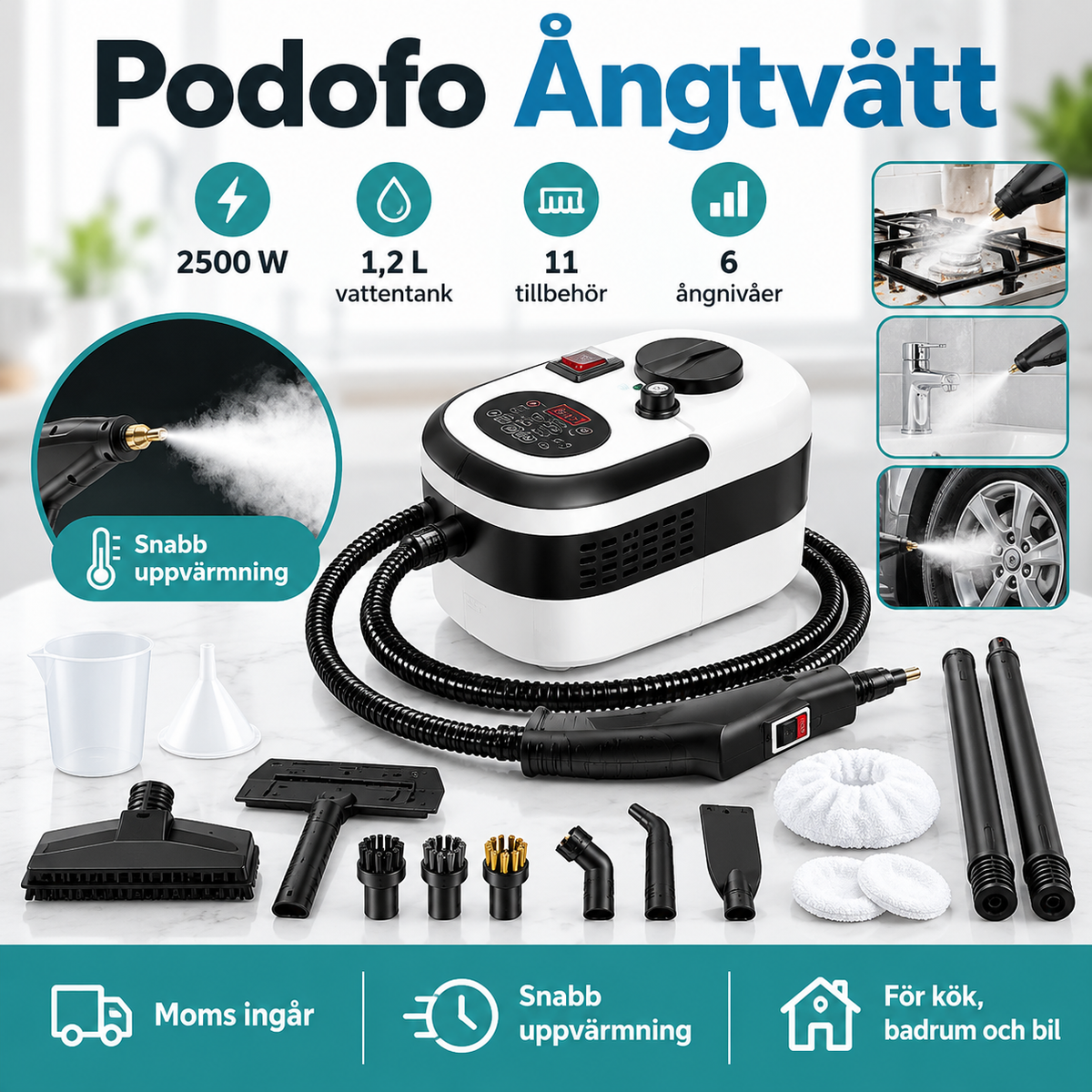 Podofo 2500W Ångtvätt – Portabel ångrengörare med 1,2 L vattentank, 6 ångnivåer och 11 tillbehör