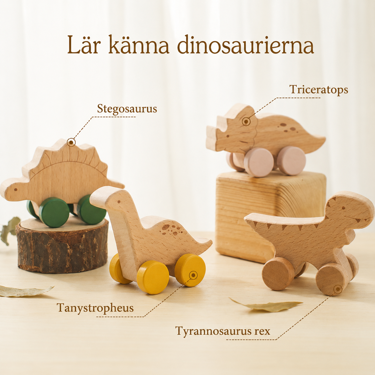 Dinosauriebil i bokträ – pedagogisk Montessorileksak