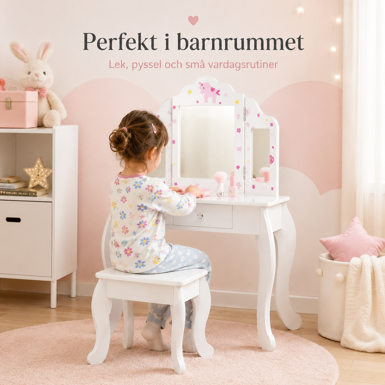 HOMCOM Sminkbord för barn med spegel, pall och låda – Vit
