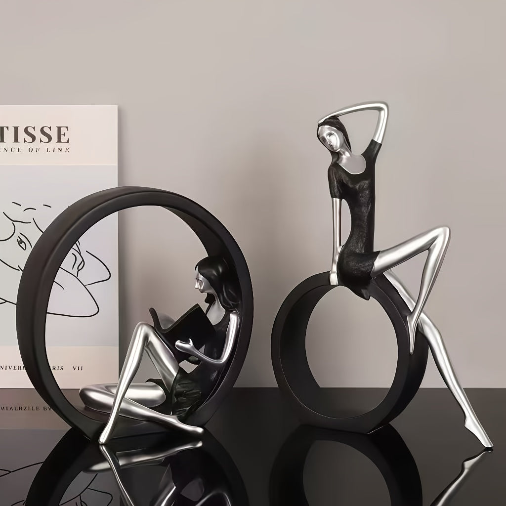 2 Yoga‑flickor + 1 Läsande Flicka – Nordiska Resinfigurer, Elegant Konst & Heminredning