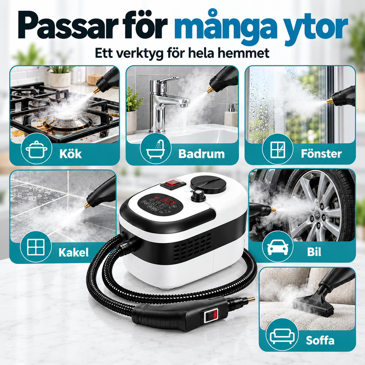Podofo 2500W Ångtvätt – Portabel ångrengörare med 1,2 L vattentank, 6 ångnivåer och 11 tillbehör