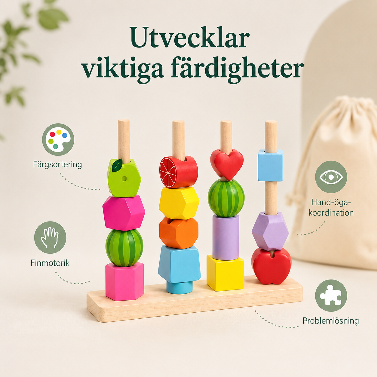 Montessori stapel- och sorteringsleksak i trä