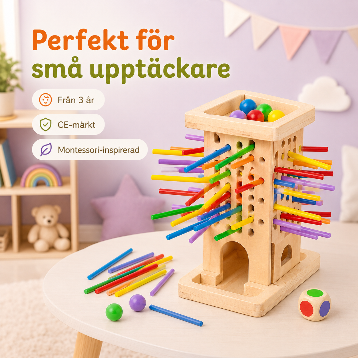 Färgglatt Montessori-spel med pinnar och bollar
