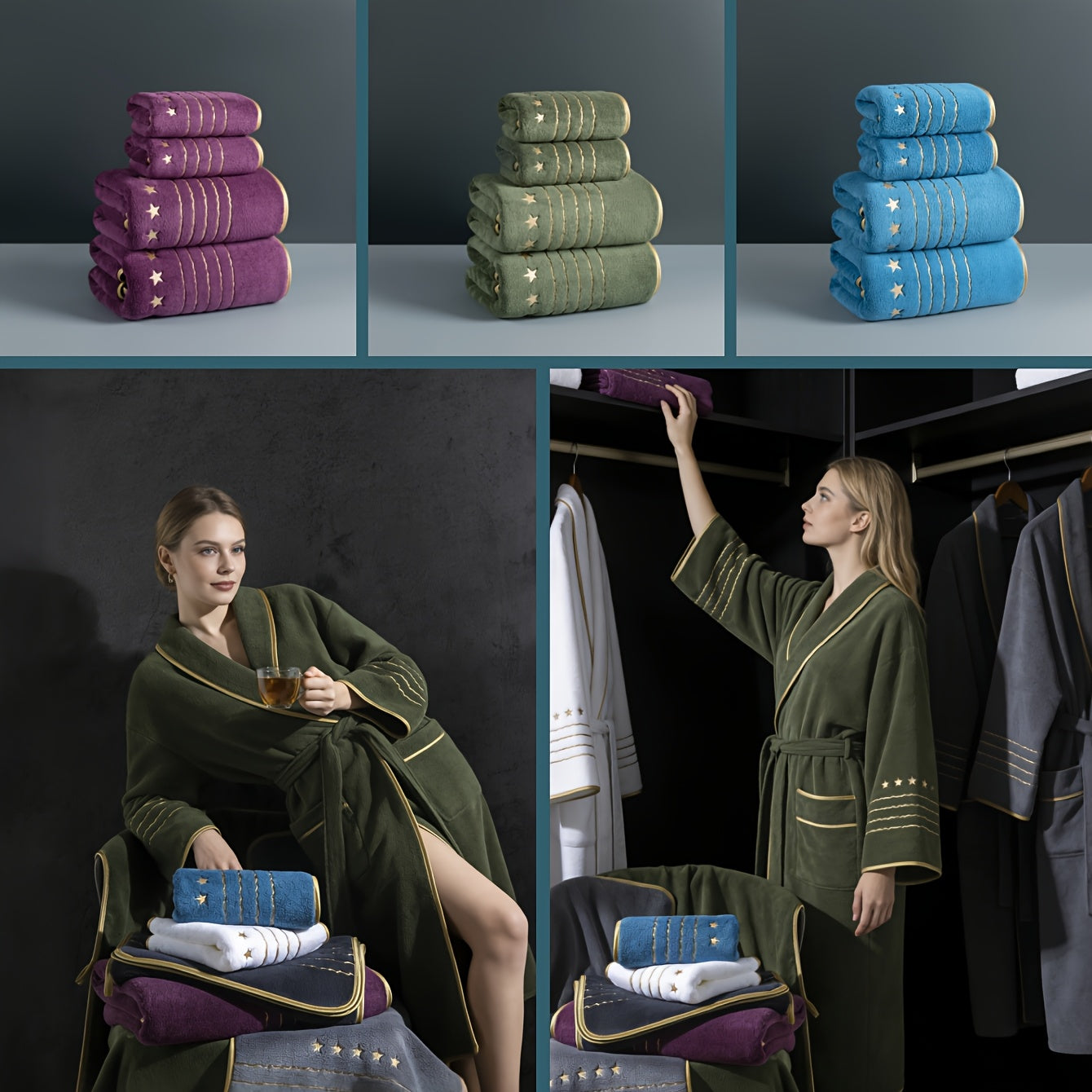 Lyxigt 4-delars Handduksset med Broderi – Ultramjukt Mikrofiber, Guldtråd, Femstjärnig Kvalitet