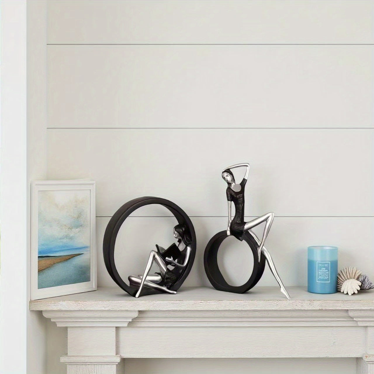 2 Yoga‑flickor + 1 Läsande Flicka – Nordiska Resinfigurer, Elegant Konst & Heminredning