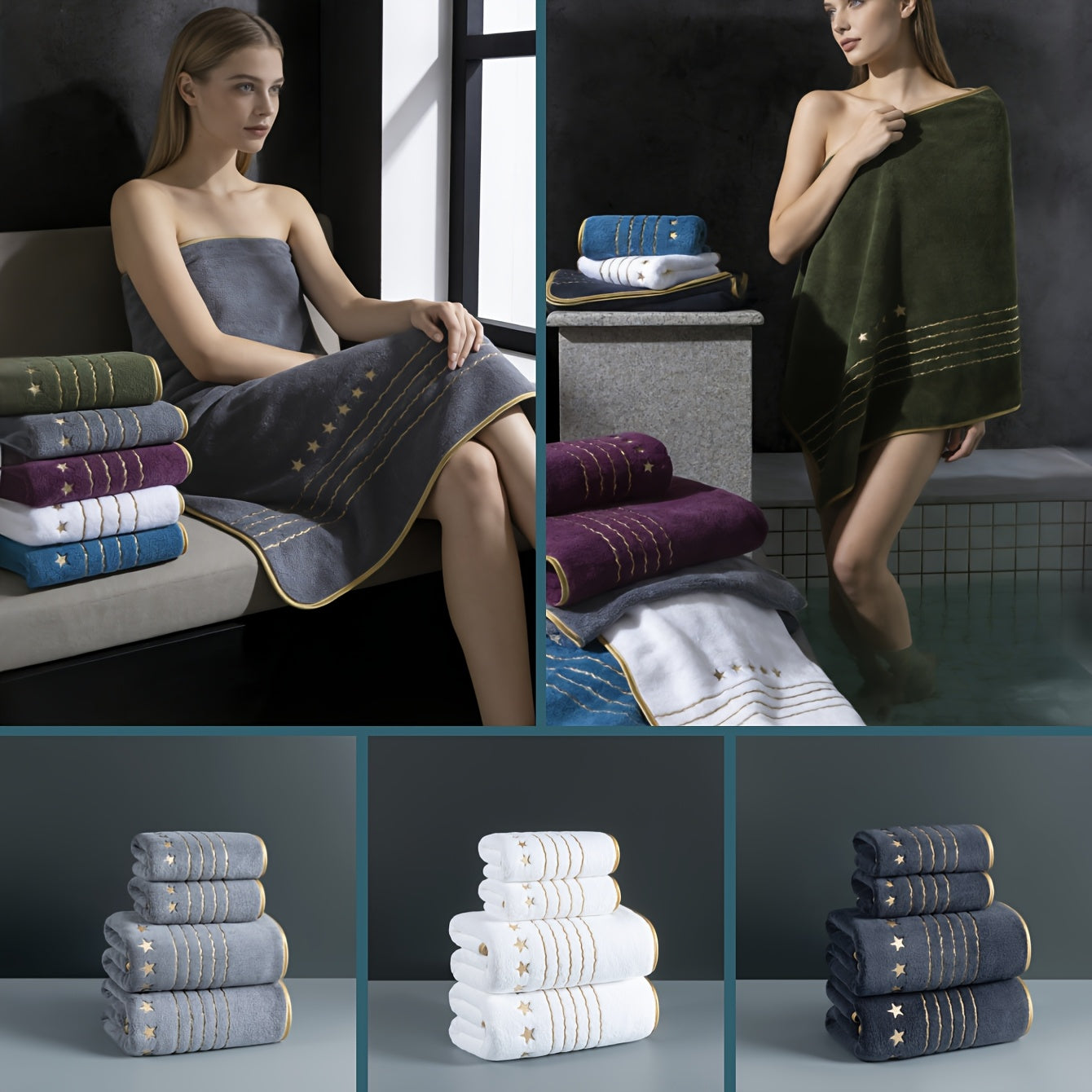 Lyxigt 4-delars Handduksset med Broderi – Ultramjukt Mikrofiber, Guldtråd, Femstjärnig Kvalitet