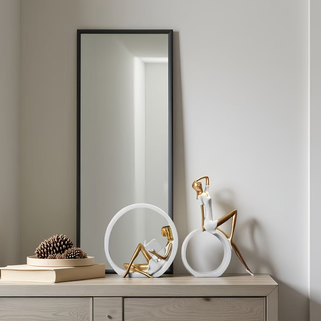 2 Yoga‑flickor + 1 Läsande Flicka – Nordiska Resinfigurer, Elegant Konst & Heminredning