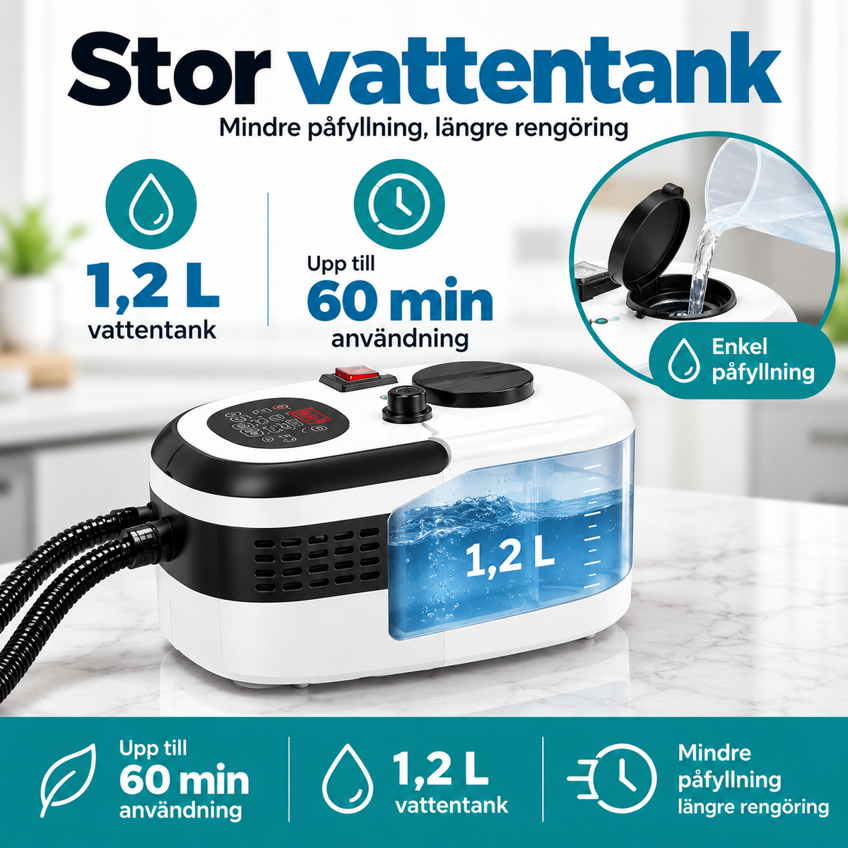 Podofo 2500W Ångtvätt – Portabel ångrengörare med 1,2 L vattentank, 6 ångnivåer och 11 tillbehör