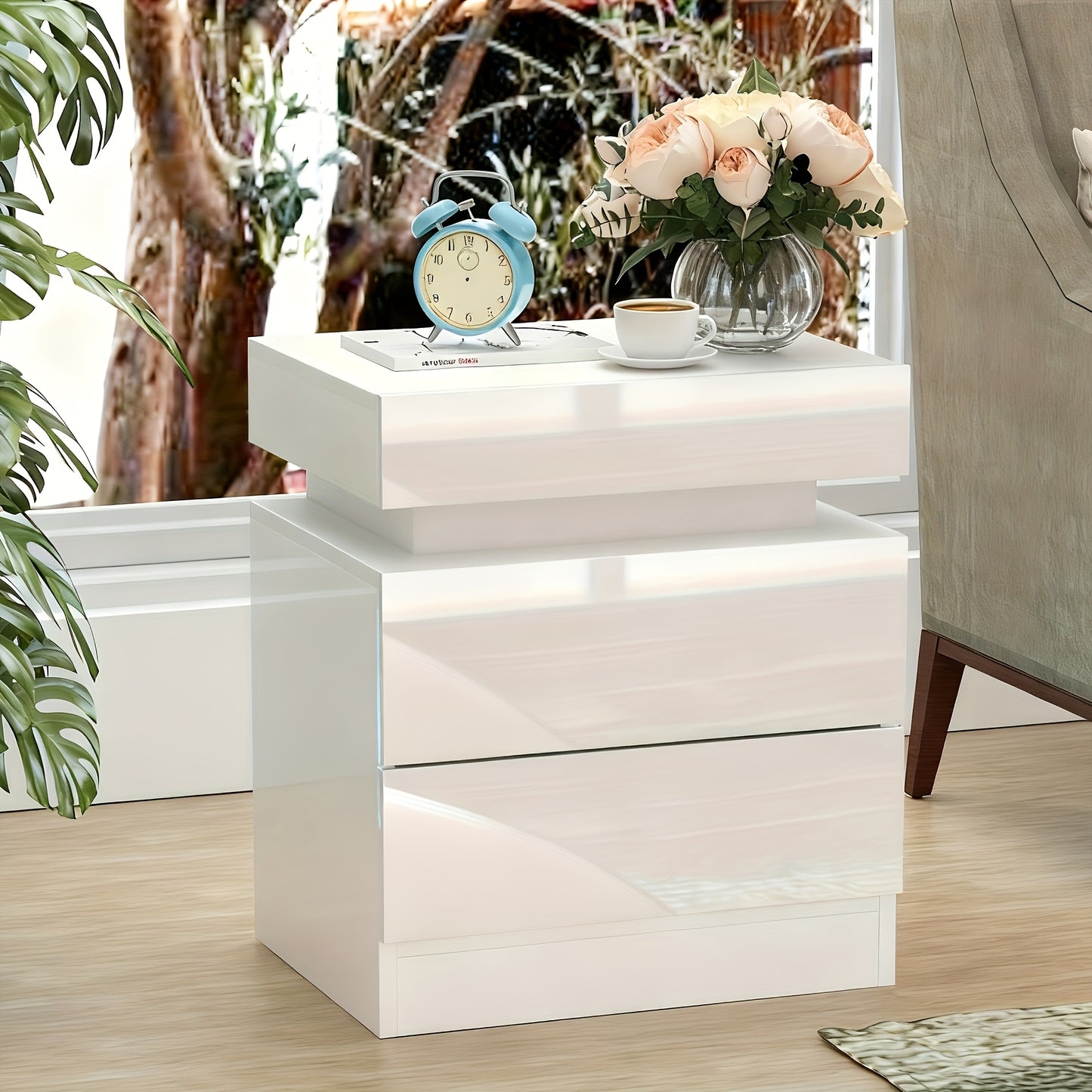 Litet Sidobord med 2 Lådor – Förvaringsskåp 45×35×52 cm, Flip‑Top Design, Perfekt för Vardagsrum, Kontor & Sovrum