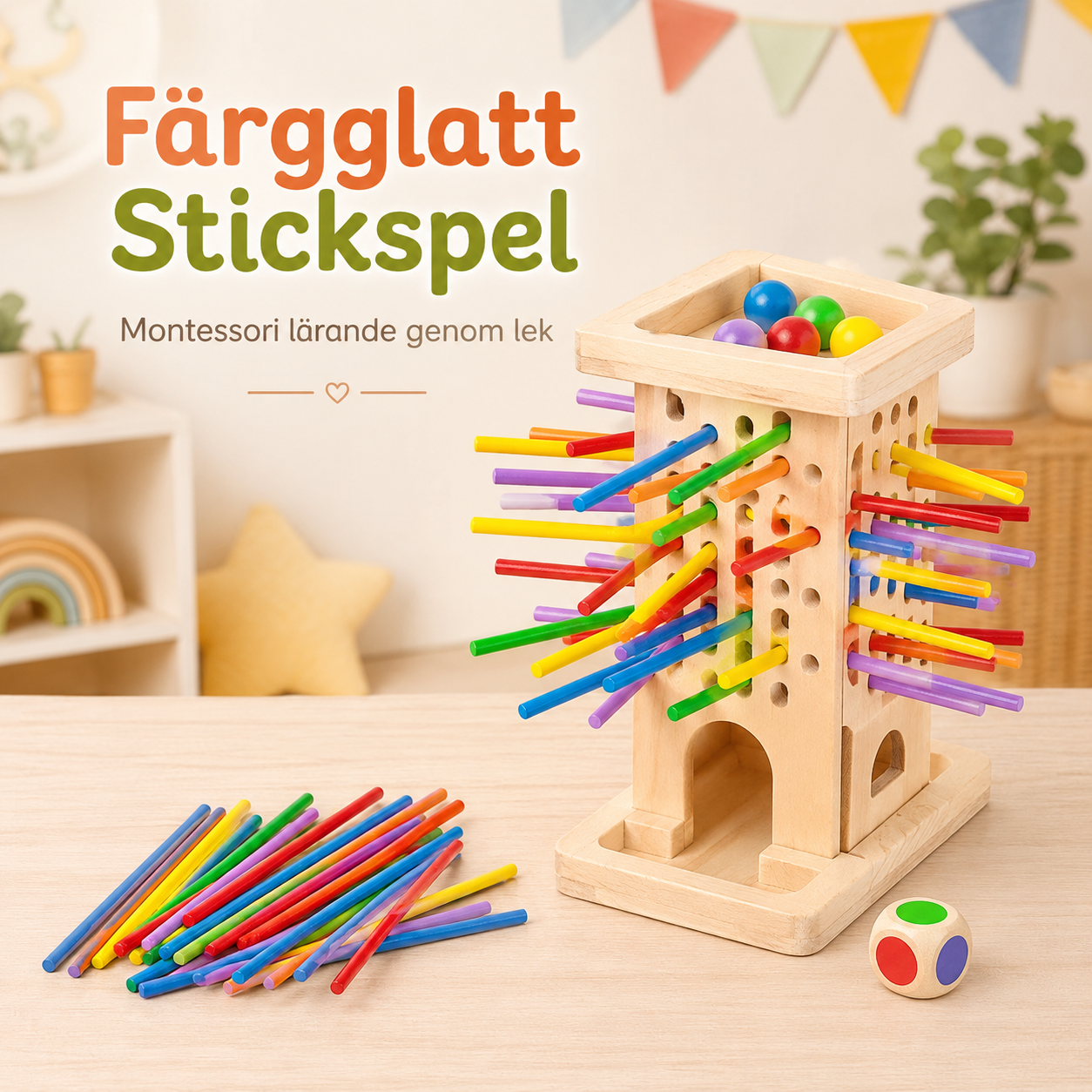 Färgglatt Montessori-spel med pinnar och bollar
