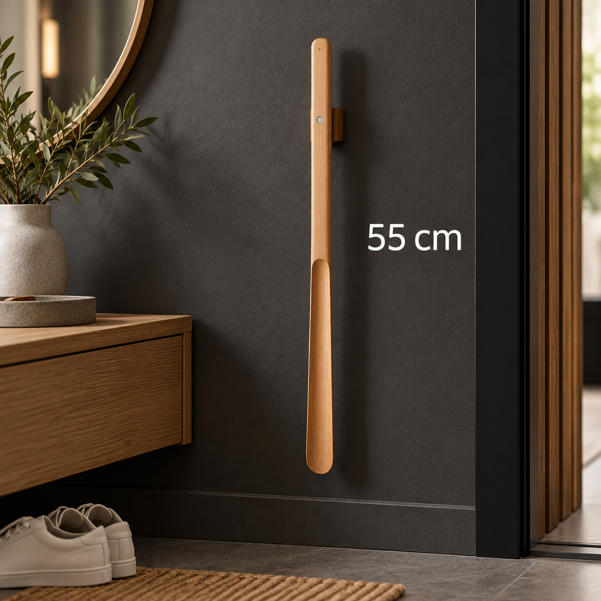 Magnetiskt Skohorn i Trä – 55 cm med Magnetisk Hållare