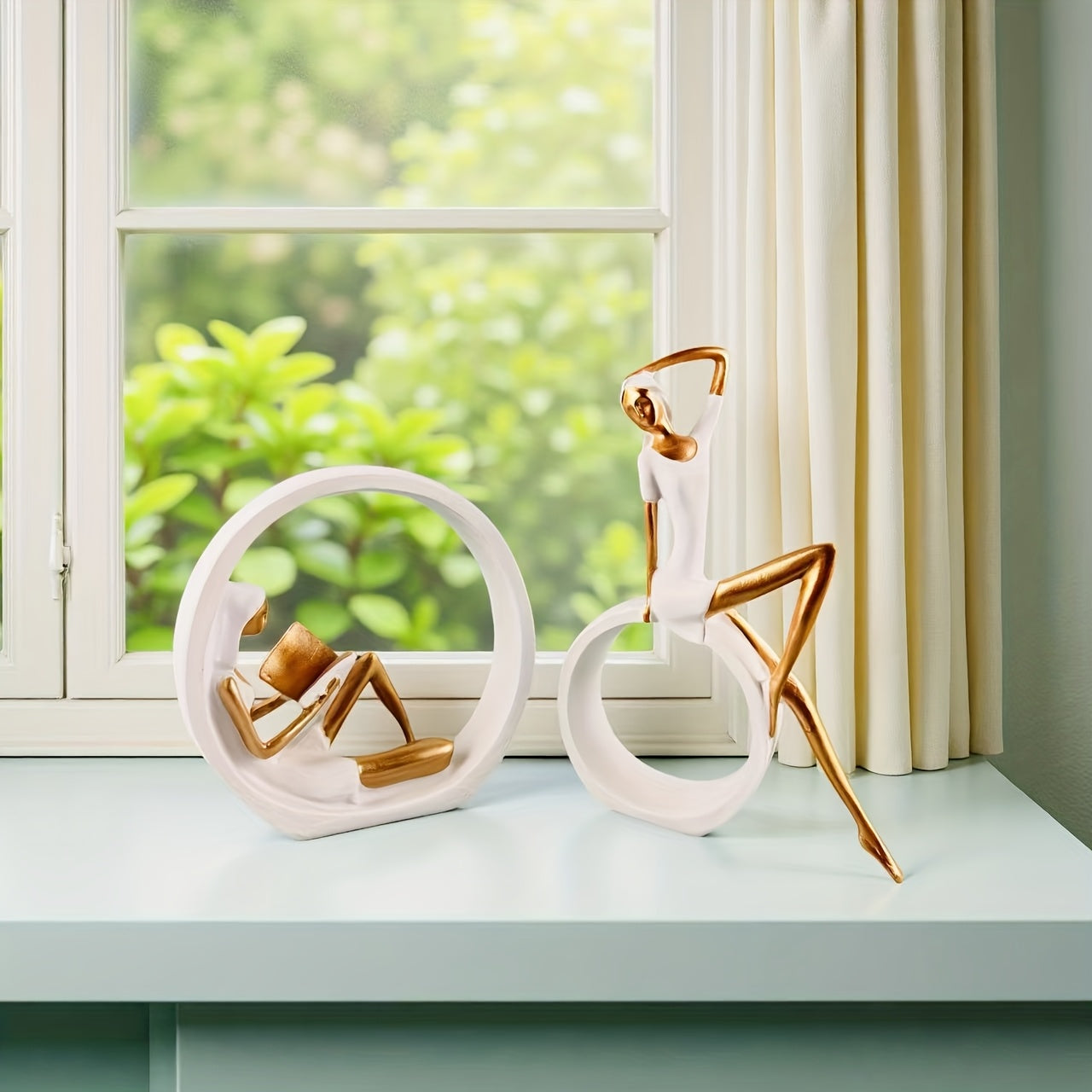 2 Yoga‑flickor + 1 Läsande Flicka – Nordiska Resinfigurer, Elegant Konst & Heminredning