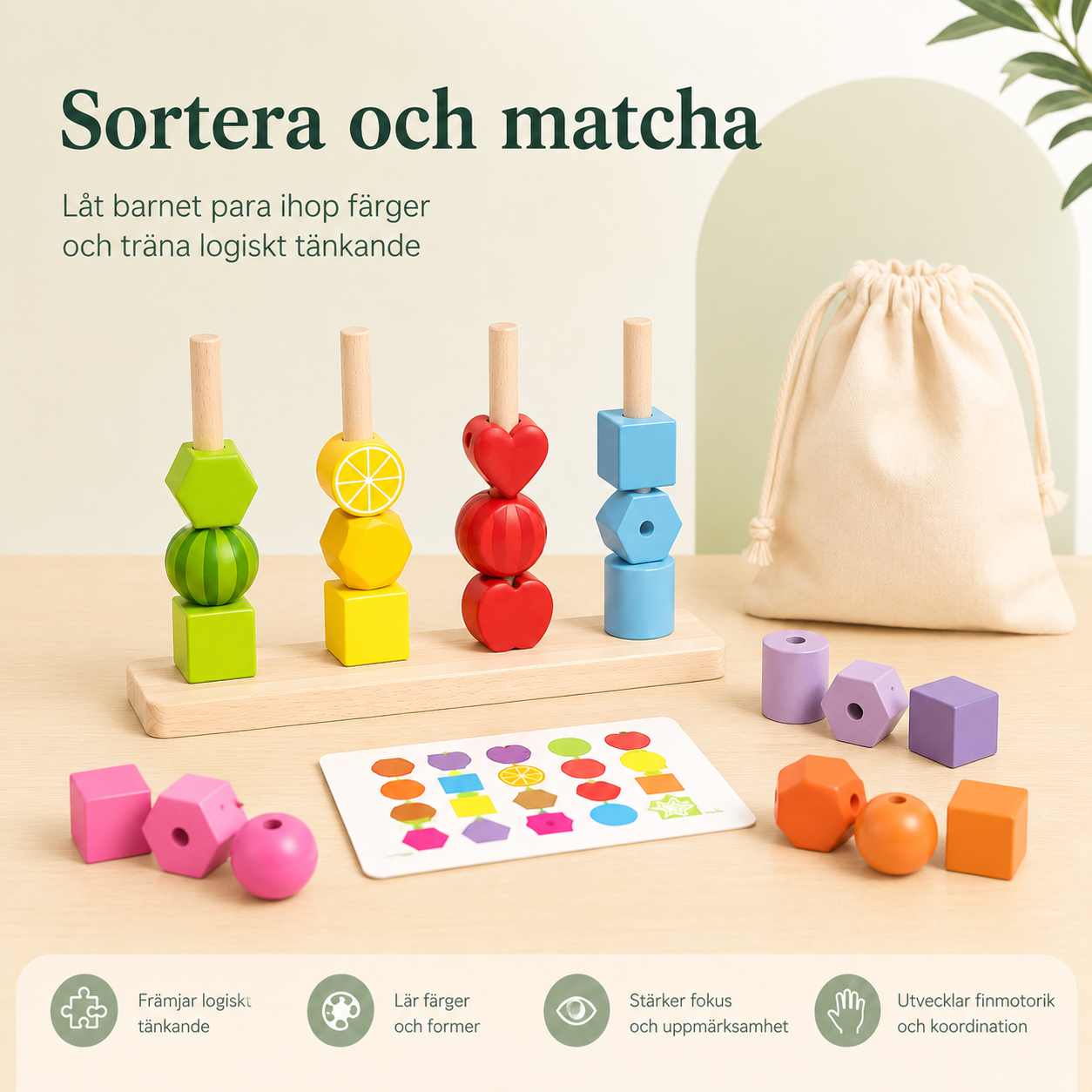 Montessori stapel- och sorteringsleksak i trä
