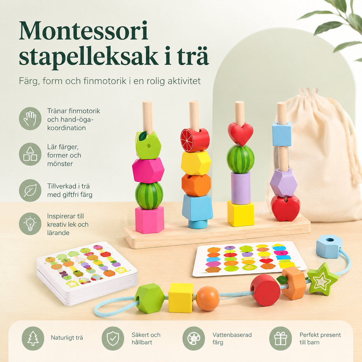 Montessori stapel- och sorteringsleksak i trä