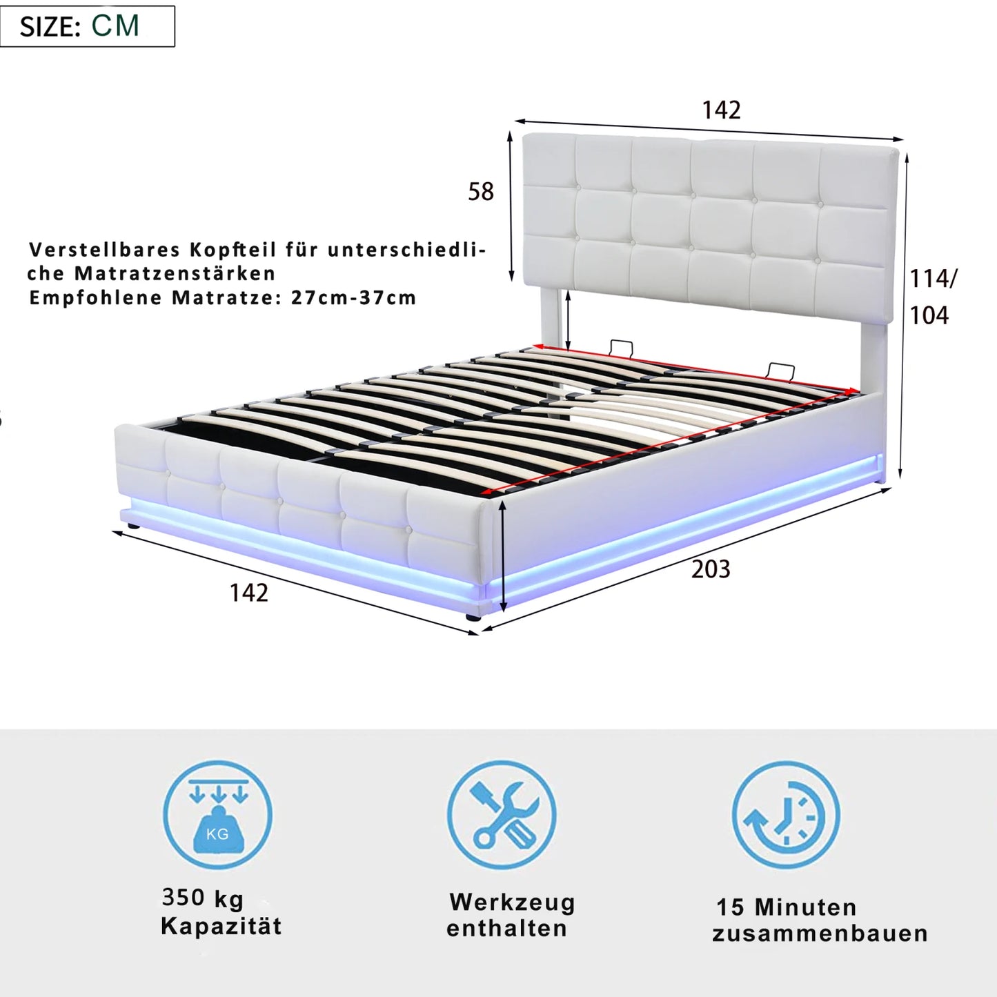 Anajqaqia Dubbelsöng 140×200 cm – LED, Förvaring & Hydraulik