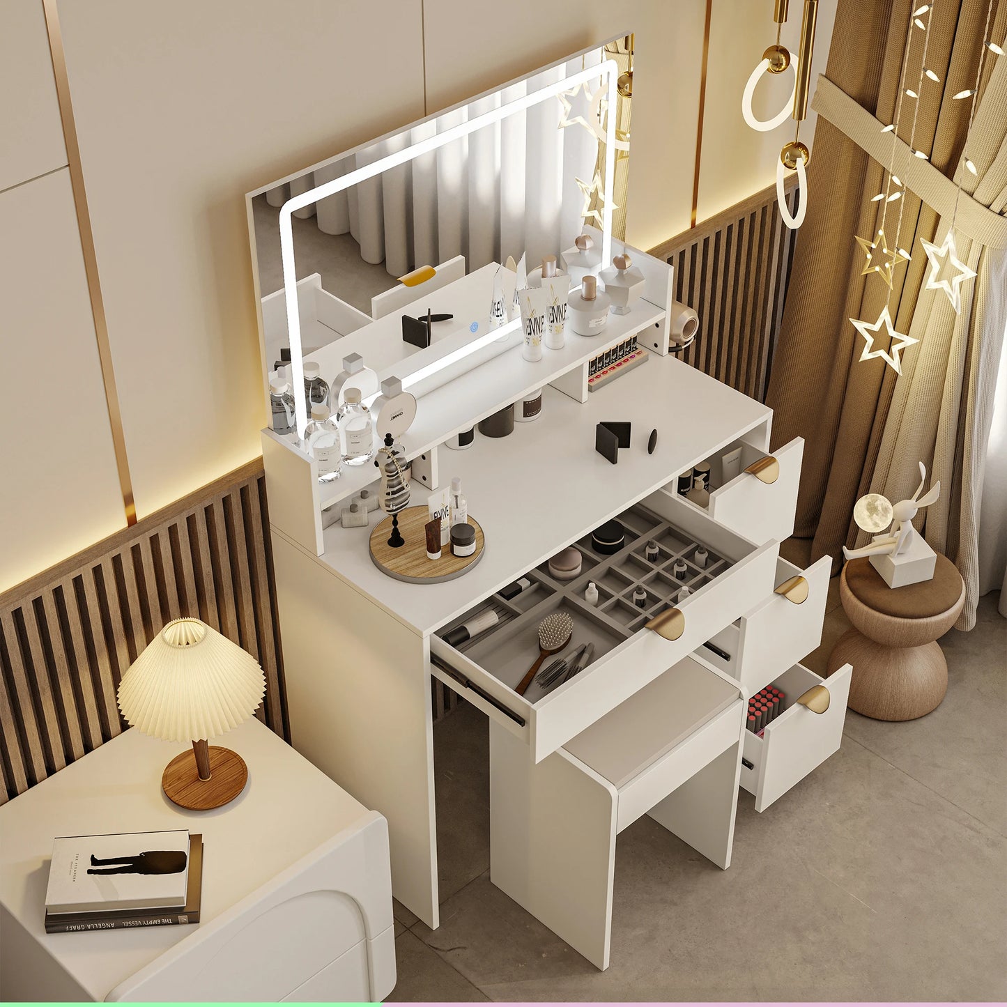 Sminkbord i L‑form med LED-spegel och stoppad pall – Modernt sminkbord med lådor och hyllor