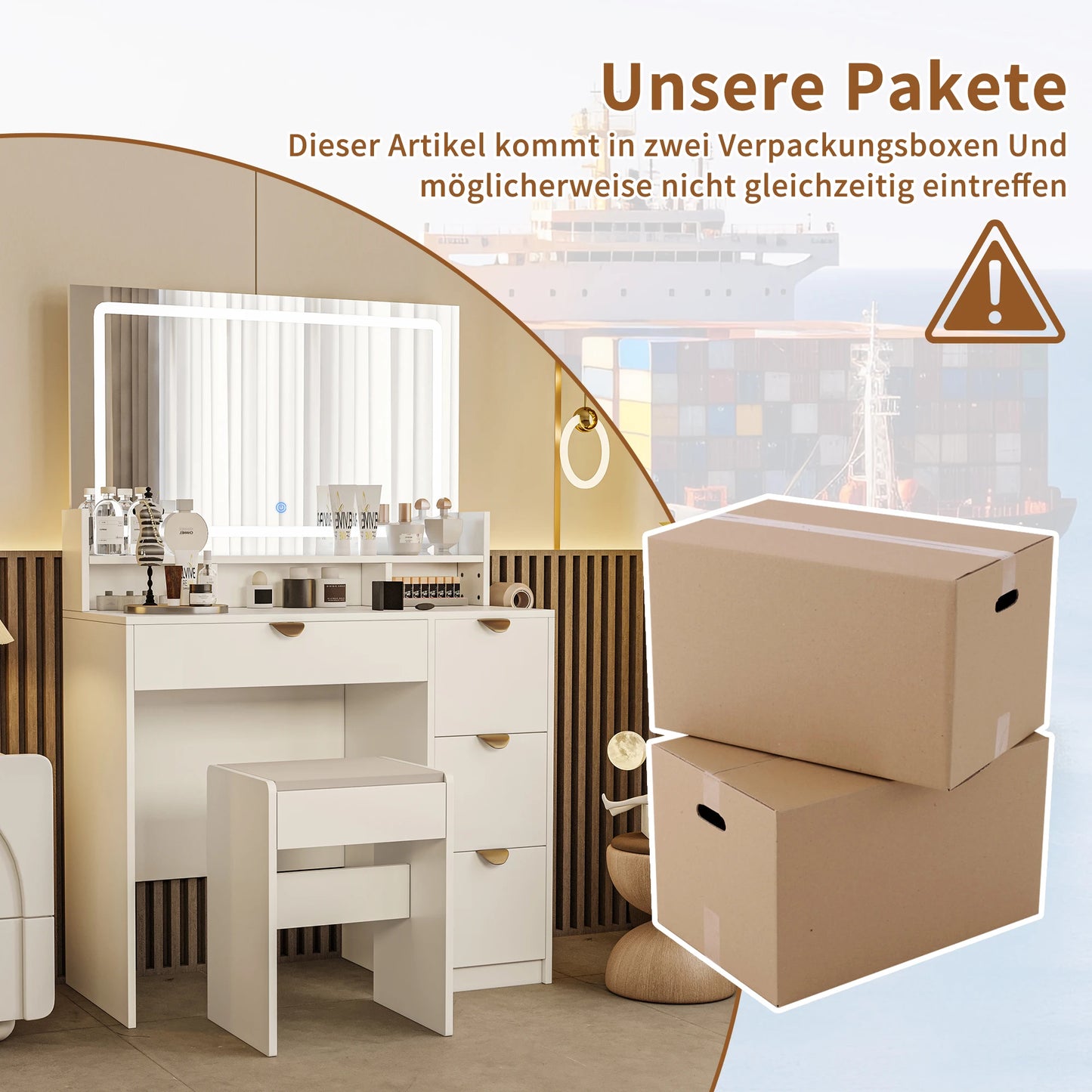 Sminkbord i L‑form med LED-spegel och stoppad pall – Modernt sminkbord med lådor och hyllor