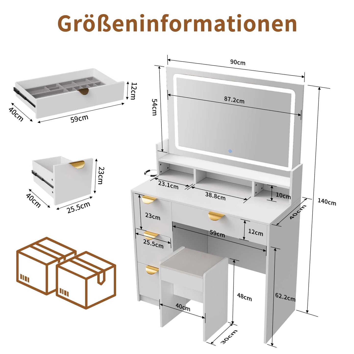 Sminkbord i L‑form med LED-spegel och stoppad pall – Modernt sminkbord med lådor och hyllor
