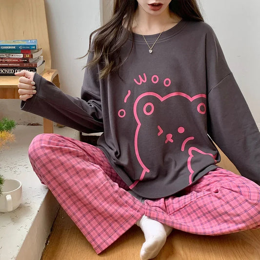 🛌 100% Kammad Bomull Pyjamas för Kvinnor – Höst/Vinter – Söt Tecknad Design – Långärmad & Långbyxor