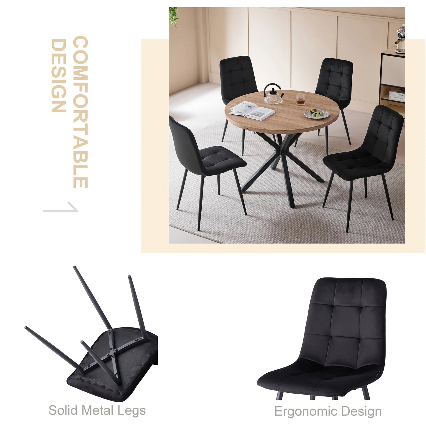 4-pack moderna matstolar i sammet med stoppad sits och metallben, nordisk minimalistisk stil, grå