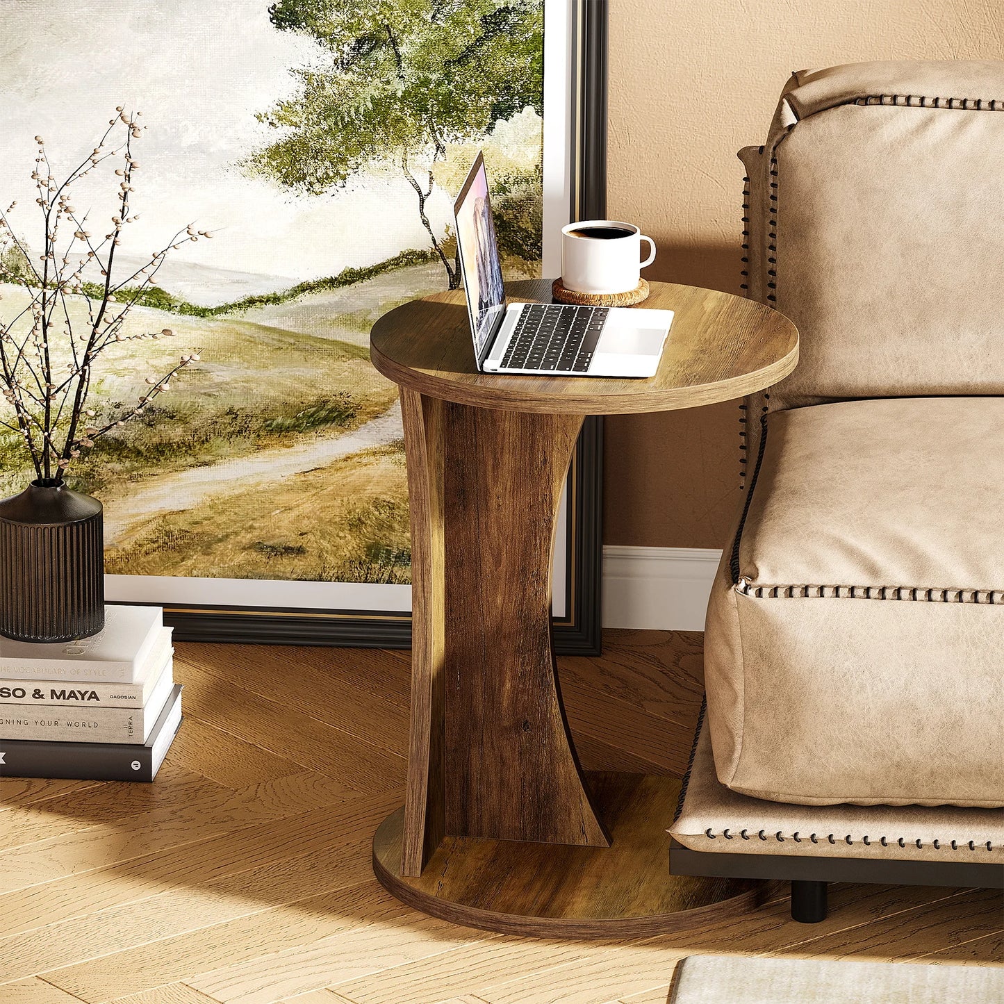 Tribesigns C-formad rund sidobord – 2-nivå rustikt soffbord, 19" med stabil bas