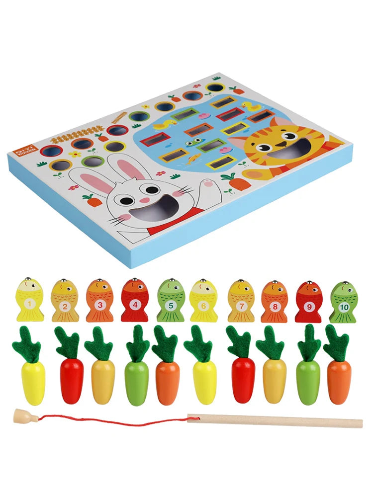 Multifunktionell Montessori-fiskeleksak med morotsskörd och matningsspel