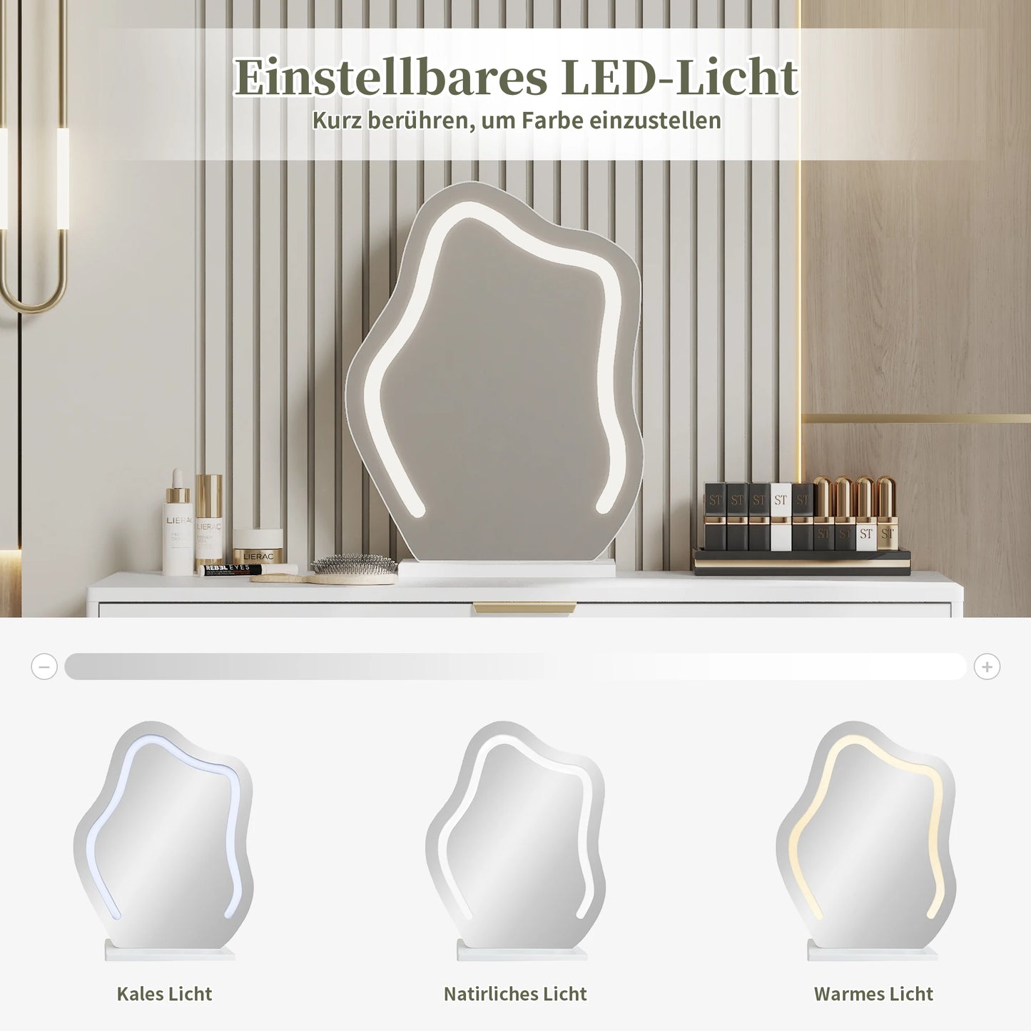 Sminkbord med LED-spegel – Modern Vit Design med Utdragbar Funktion