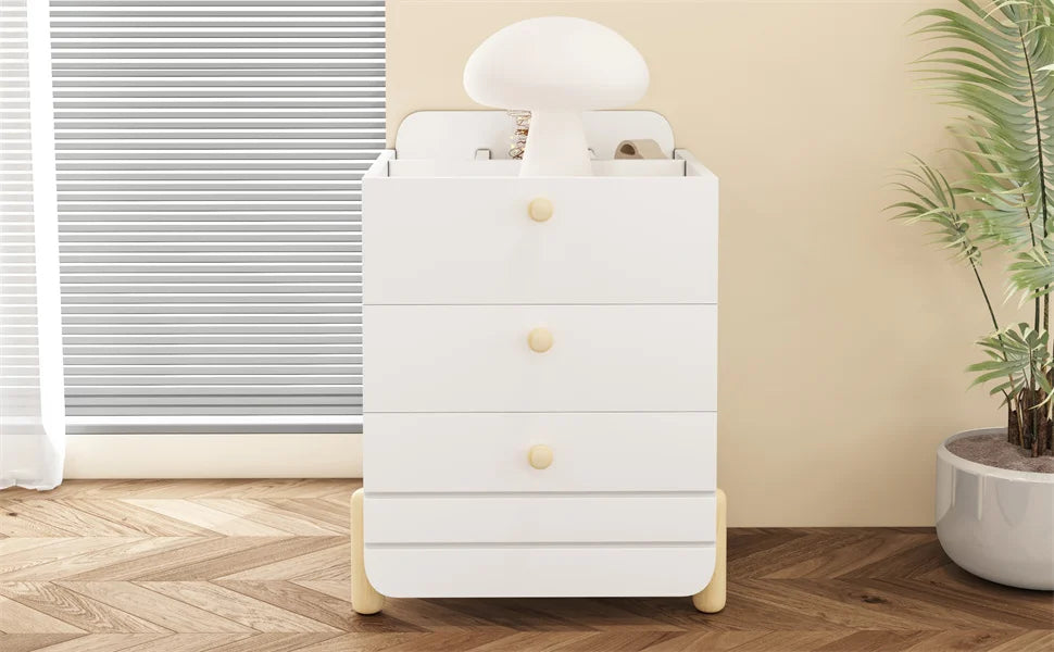 Sängbord med 3 lådor och hyllor – Tyst låddesign, eleganta träfärgade ben, vitt