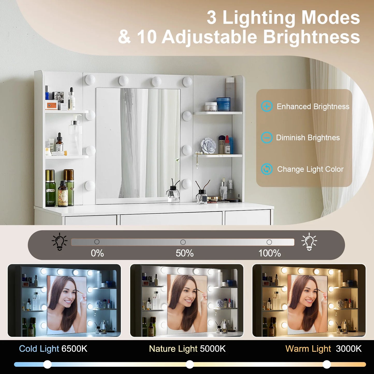 Sminkbord med LED-spegel och 7 lådor – Yamissi/Onesaimei