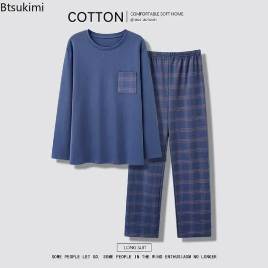 Herrpyjamas i 100% Bomull – 2-delad Set – Patchwork Design – Långärmad & Byxor – Vår/Höst/Vinter