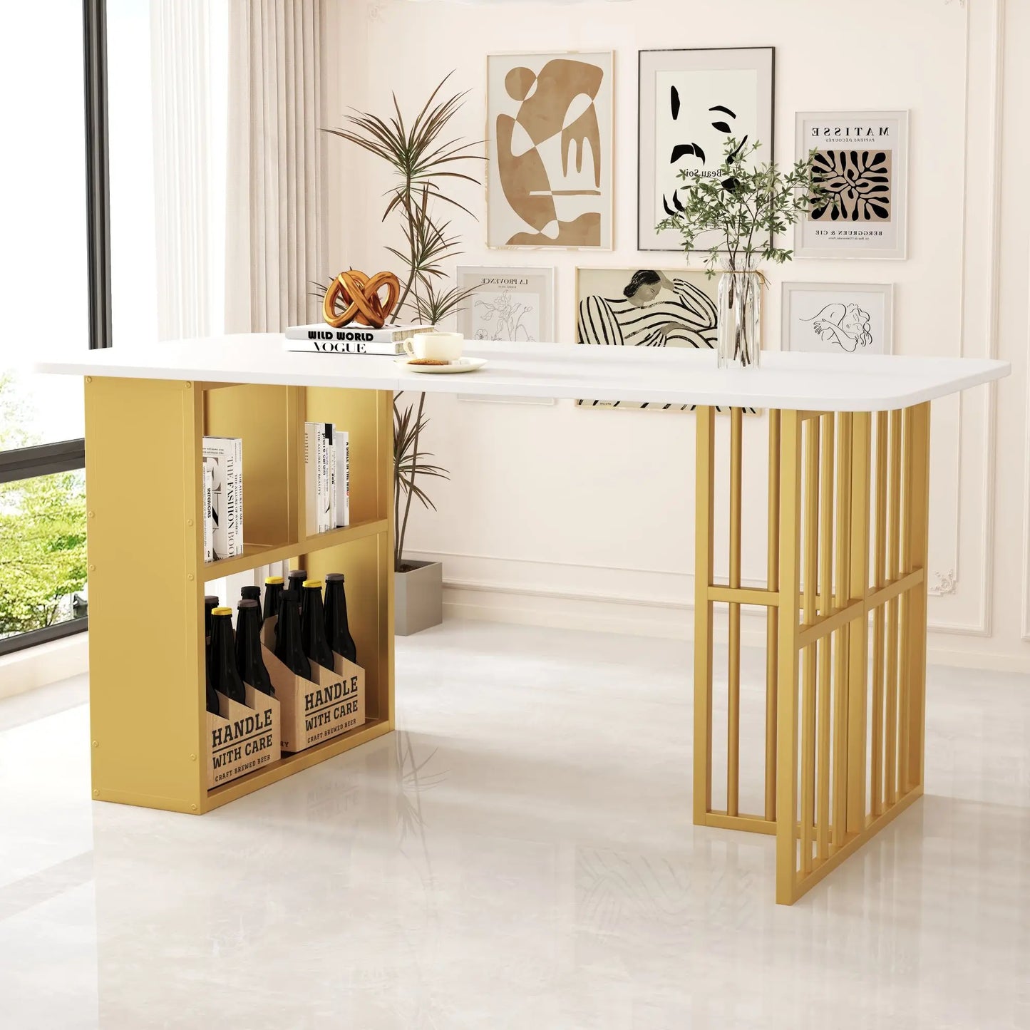 Modernt vitt matbord med gulddetaljer och förvaring – 6 stolar