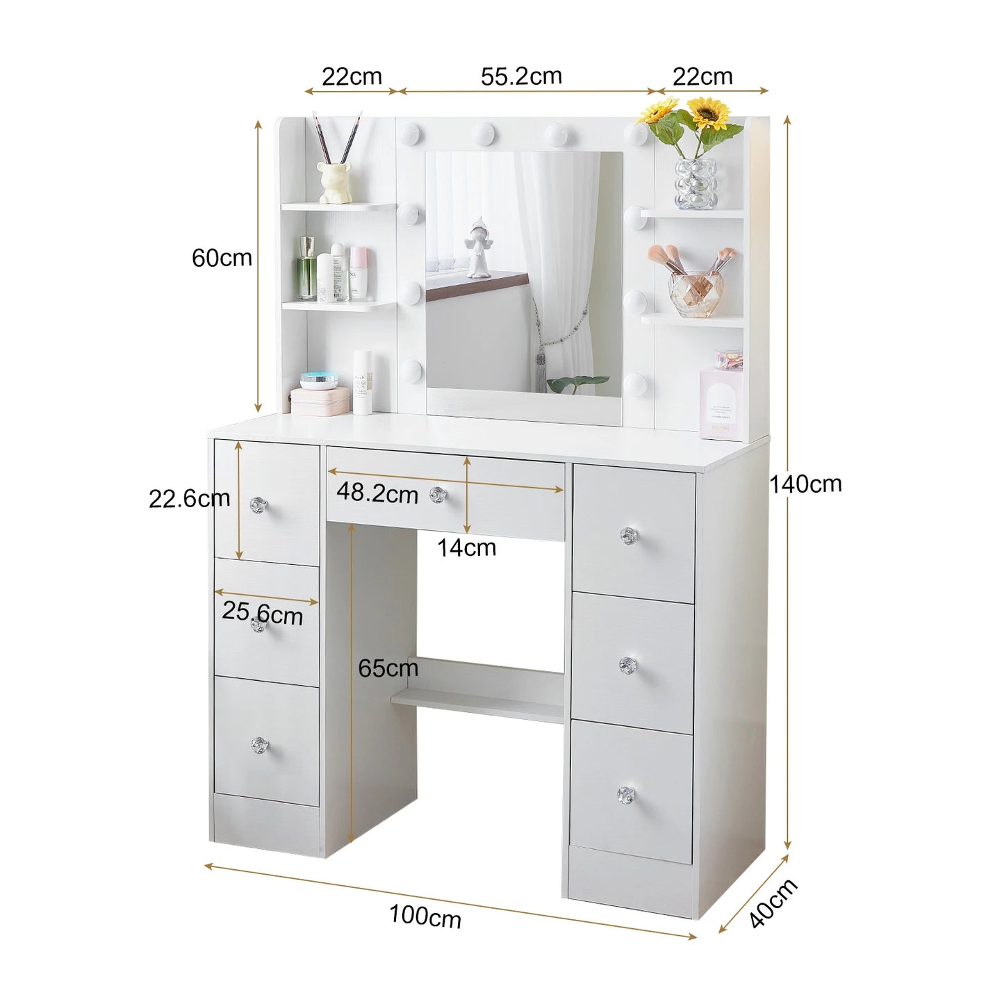 Sminkbord med LED-spegel och 7 lådor – Yamissi/Onesaimei