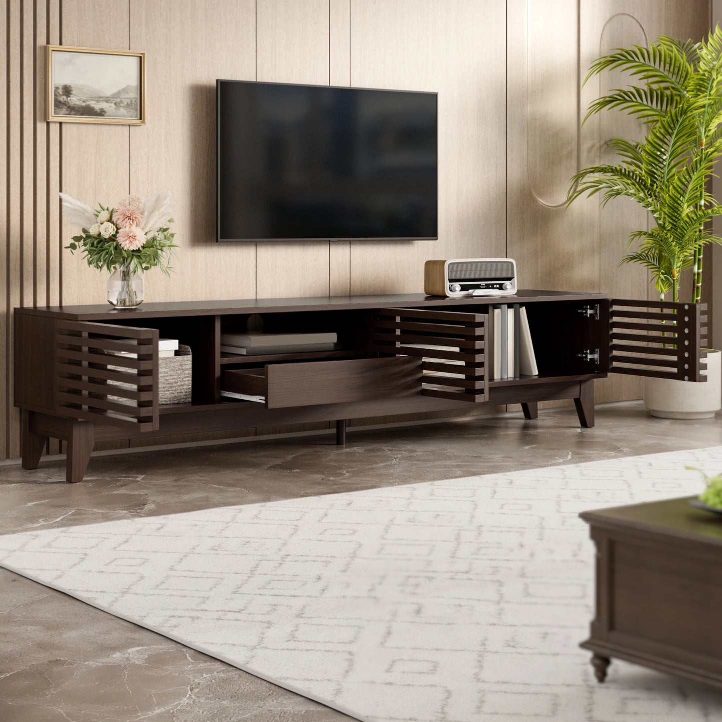 TV-bänk med låda och tre dörrar – Vintage träfinish