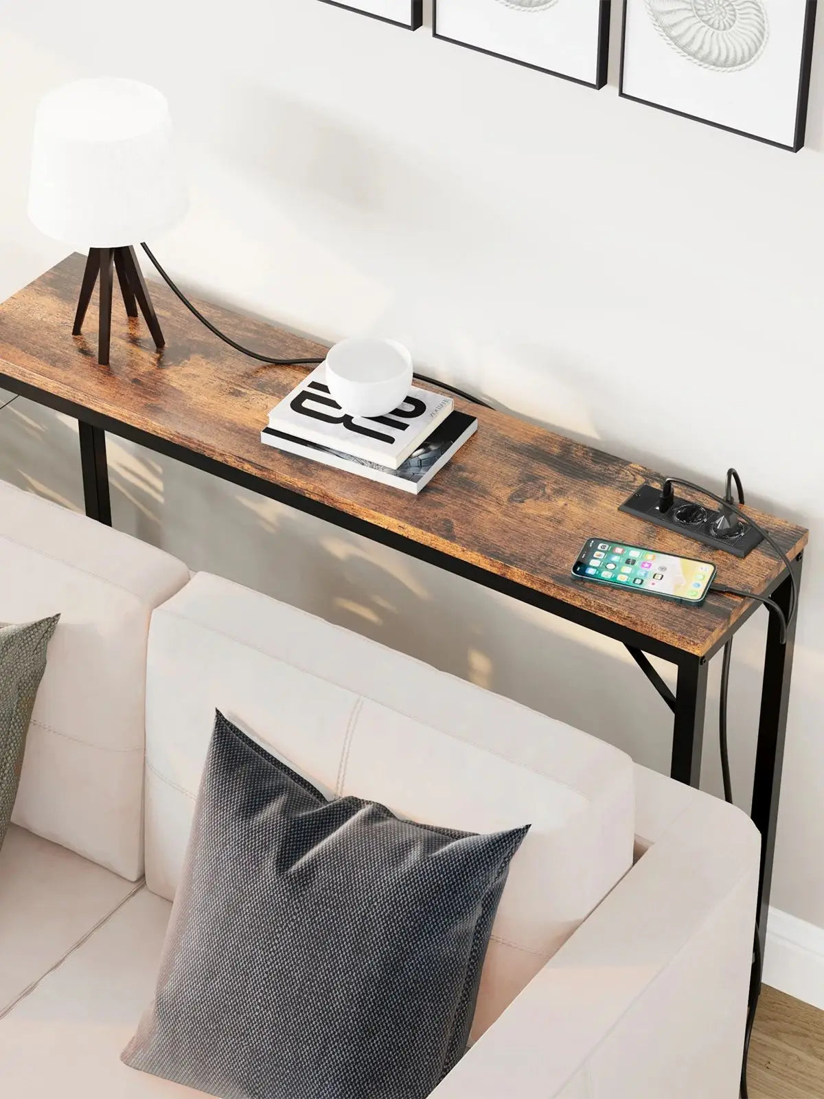 🔌 Smalt Konsolbord med Eluttag & USB – 100×23×80 cm – Vintage Brun/Grå – För Hall & Vardagsrum