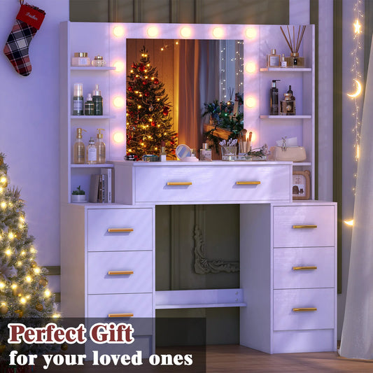 Sminkbord med stor spegel, 11 LED-lampor och 7 lådor – Yamissi/Onesaimei