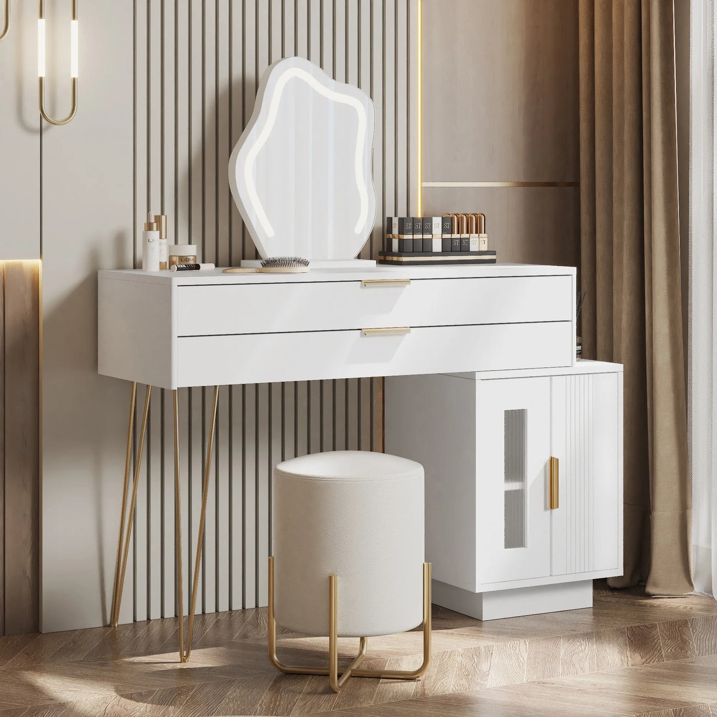 Sminkbord med LED-spegel – Modern Vit Design med Utdragbar Funktion