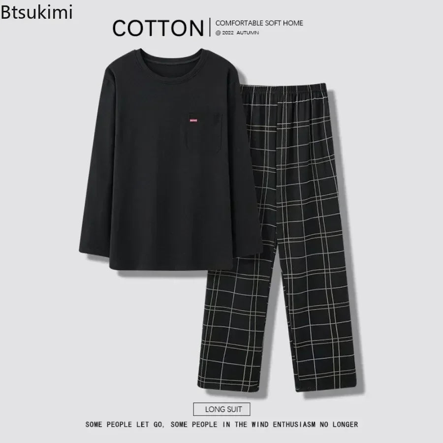 Herrpyjamas i 100% Bomull – 2-delad Set – Patchwork Design – Långärmad & Byxor – Vår/Höst/Vinter