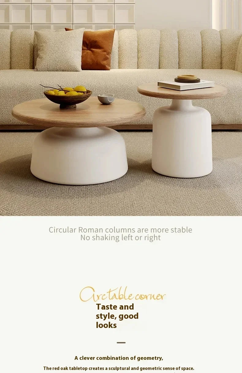 Nordisk Rund Soffbordssats – Modern Design i Trä & Vit Metall