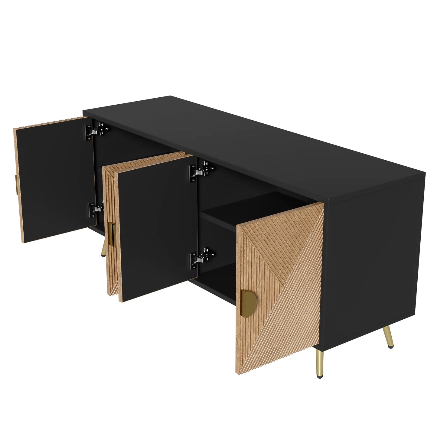 Sideboard 160 cm – Svart & Trä med Guldhandtag och Högglansiga Ben