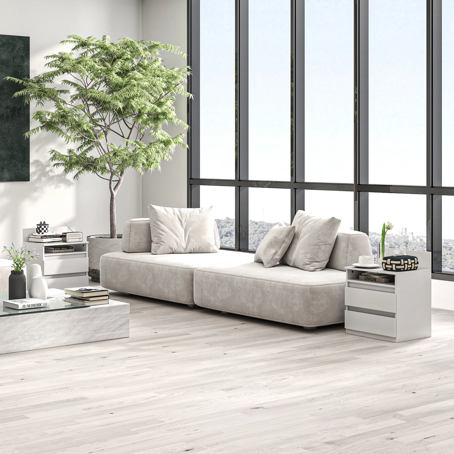 Set med 2 sängbord med 2 lådor – Sidobord med hylla för sovrum och vardagsrum, 40 × 32 × 50 cm