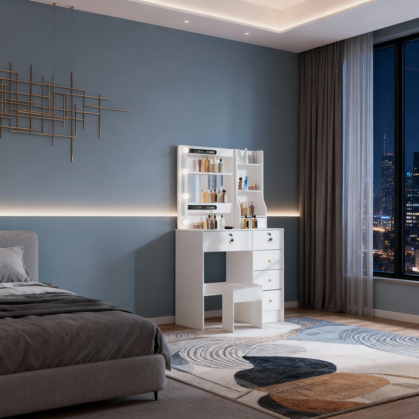 Sminkbord med LED-spegel & Pall – 80 cm med 6 Lådor och Hyllor