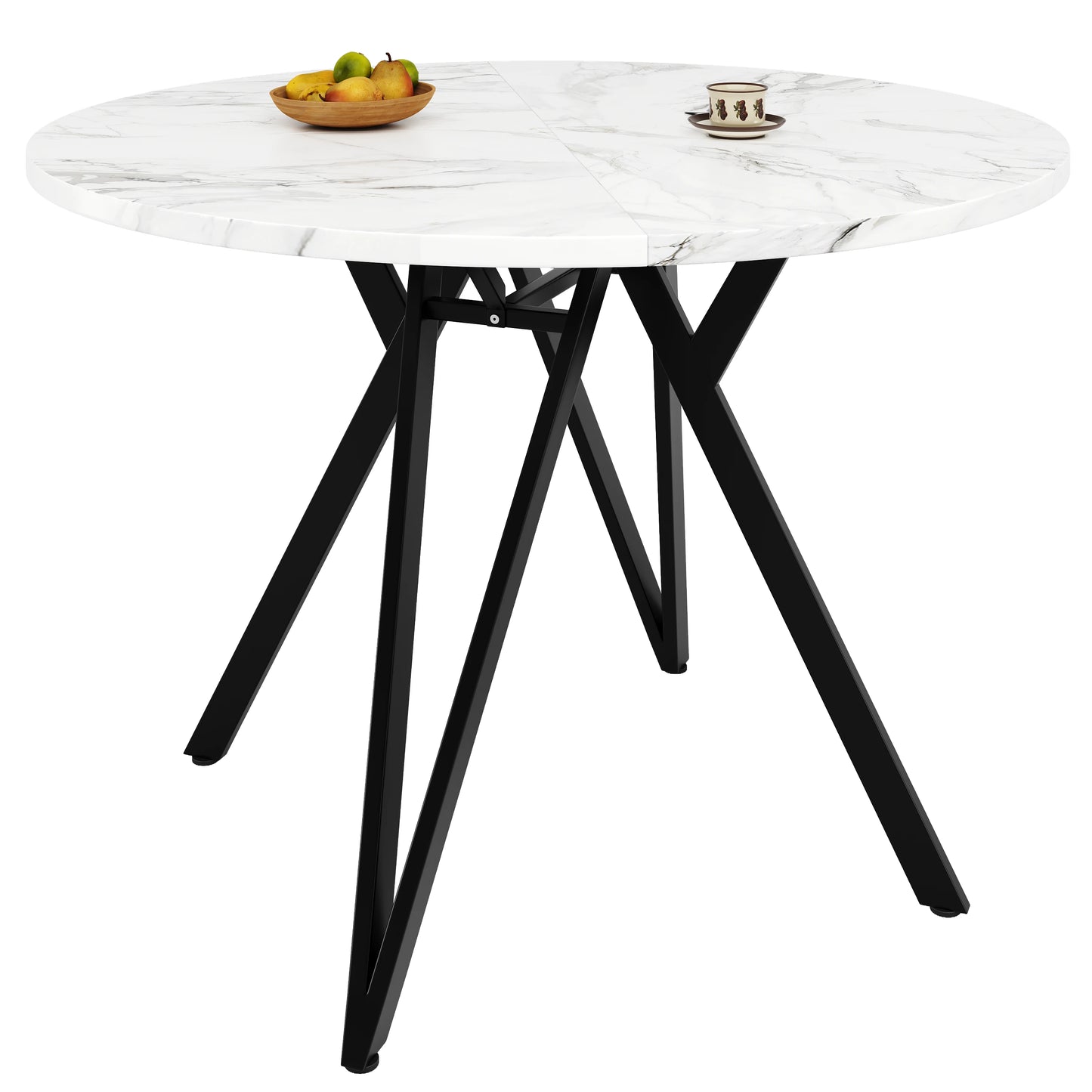 Modern Matgrupp (5 delar) – Rund Marmorbord & Grå Linnestolar