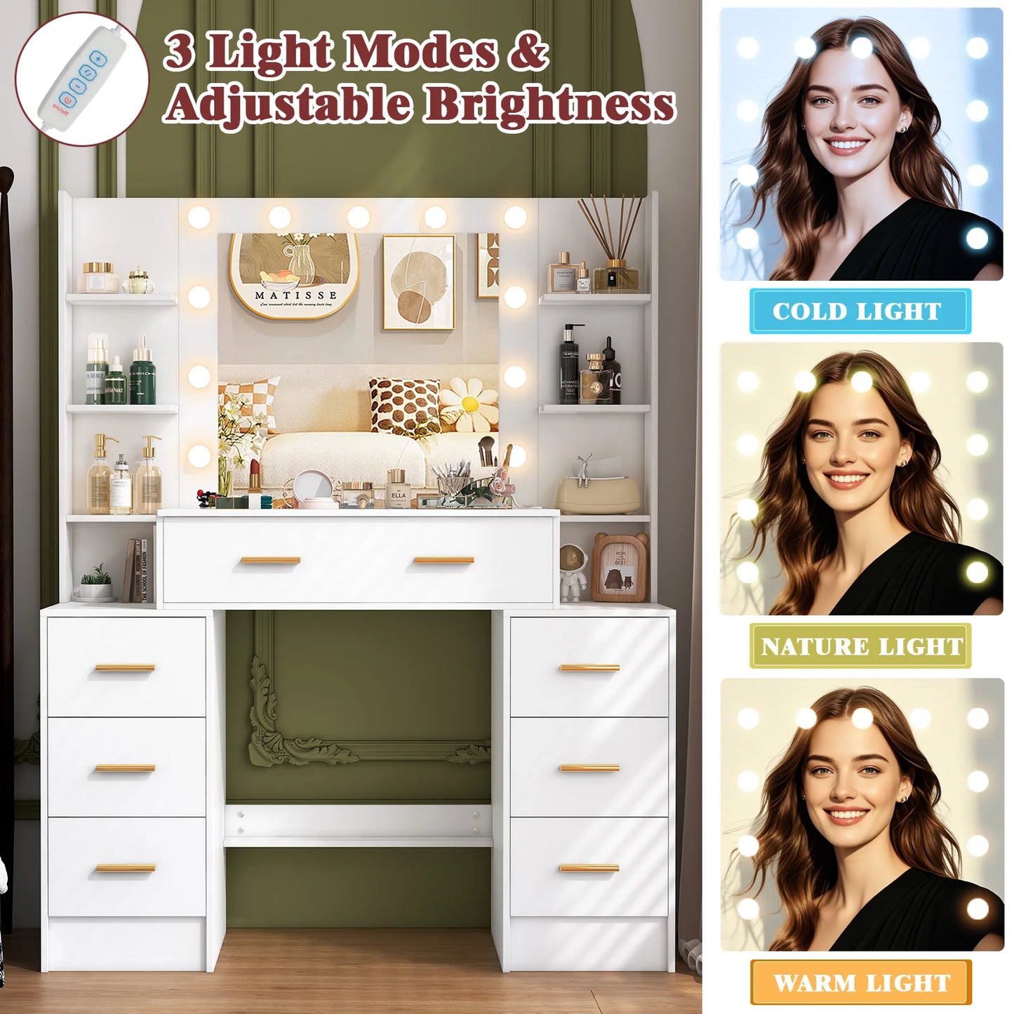 Sminkbord med stor spegel, 11 LED-lampor och 7 lådor – Yamissi/Onesaimei