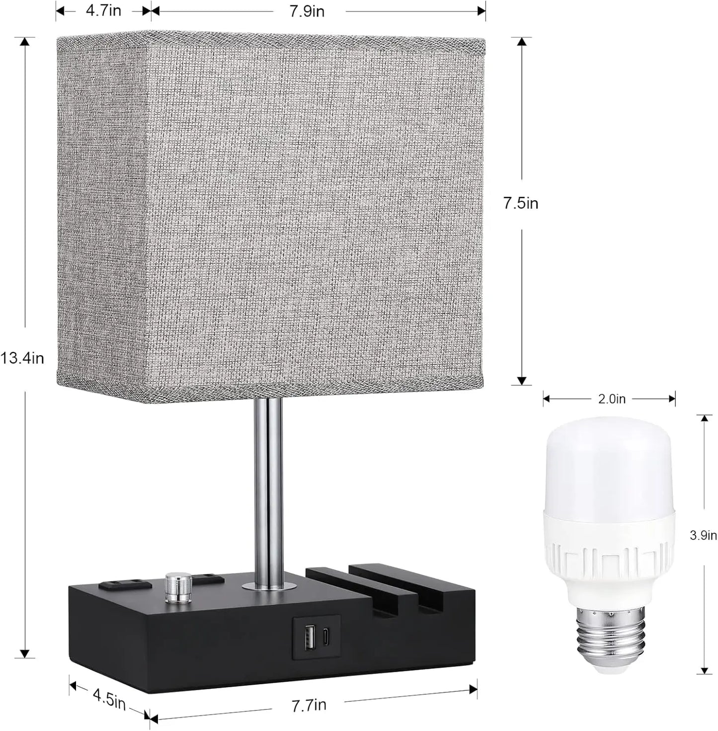 Dimbar Bordslampa med USB & Eluttag – Beige Tygskärm & Telefonhållare