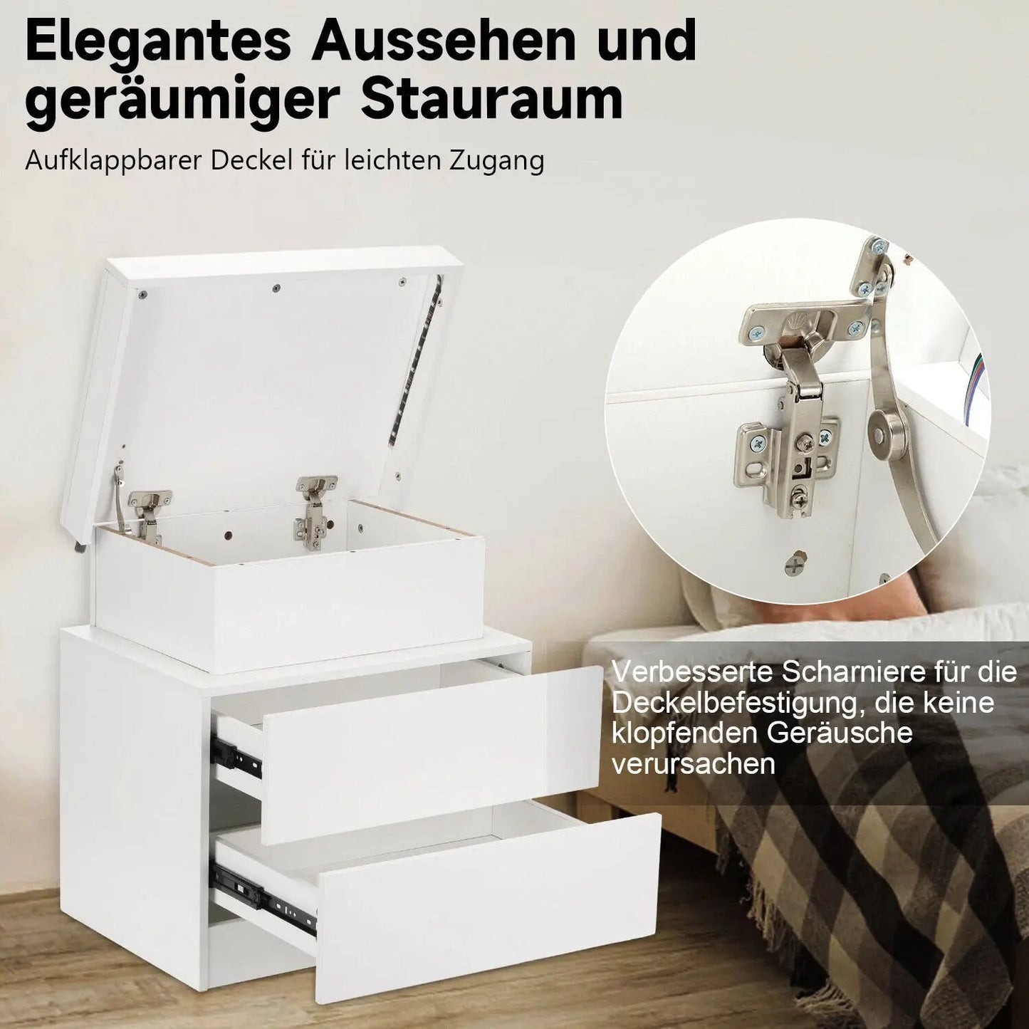 Vitt sängbord med 2 lådor + toppfack – Högglans på alla sidor, RGB LED-belysning, 55 cm