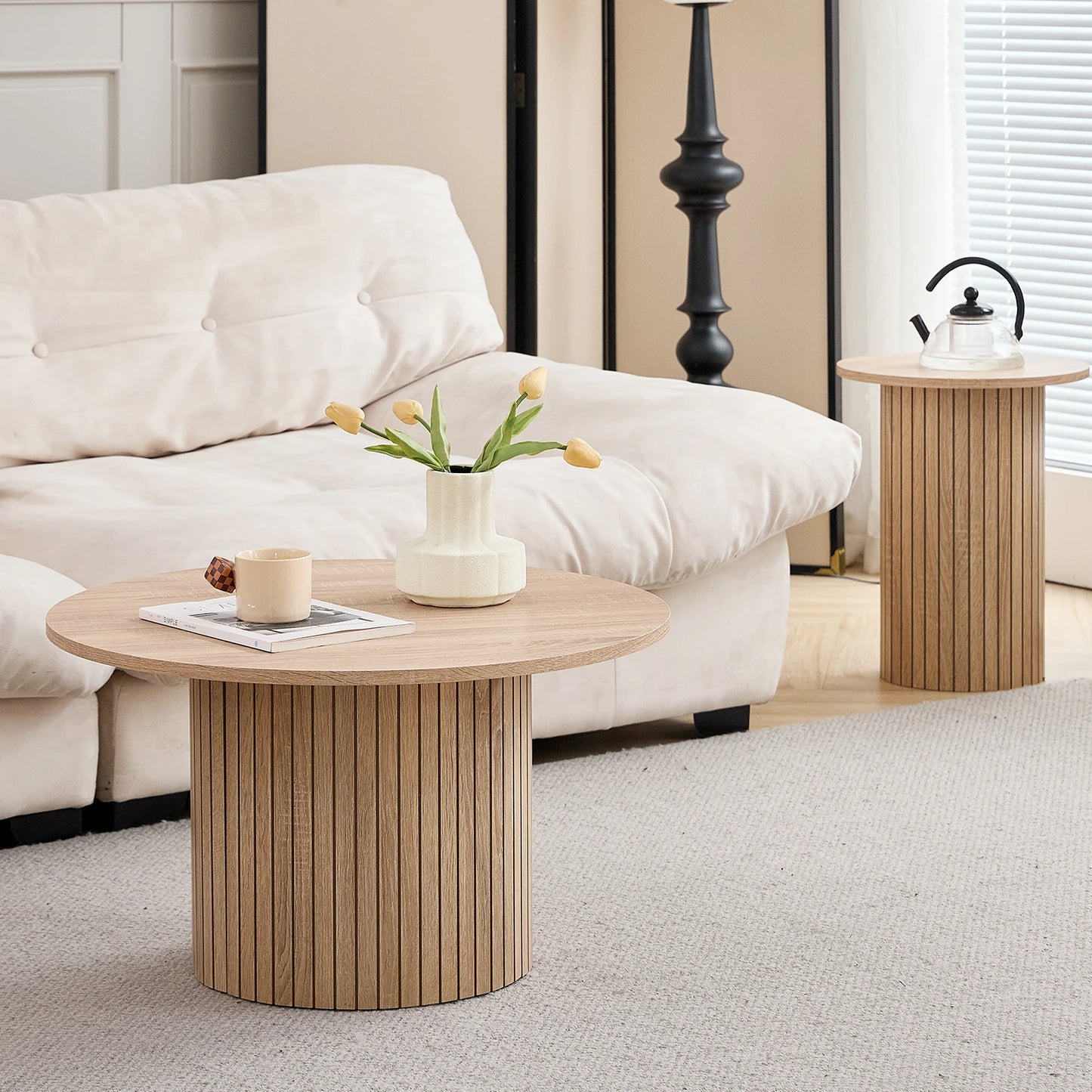 Set med 2 Runda Soffbord i Nordisk Stil – Trälook / Marmormönster