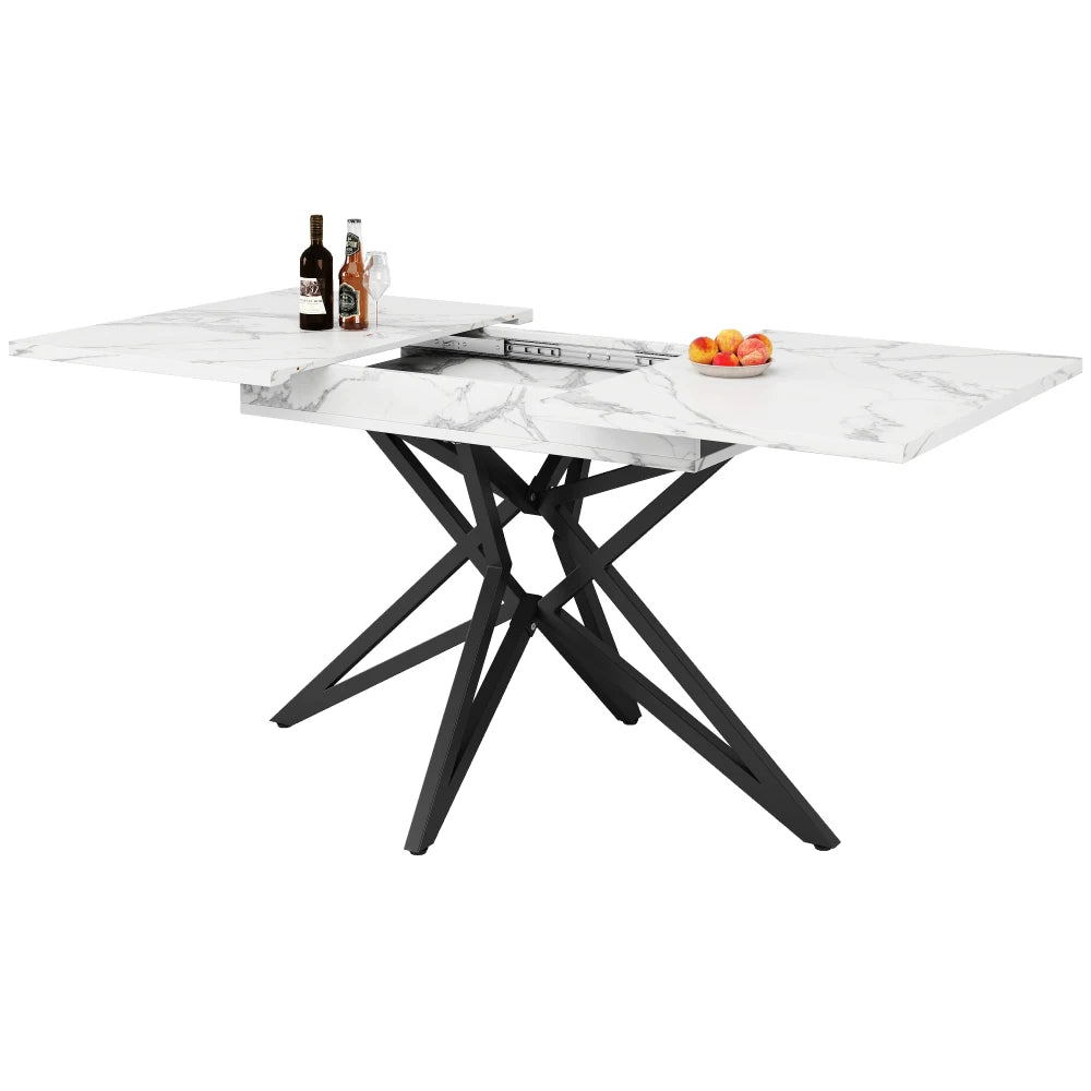 Utdragbart matbord 120–160 × 80 cm – vit marmoreffekt med svarta metallben