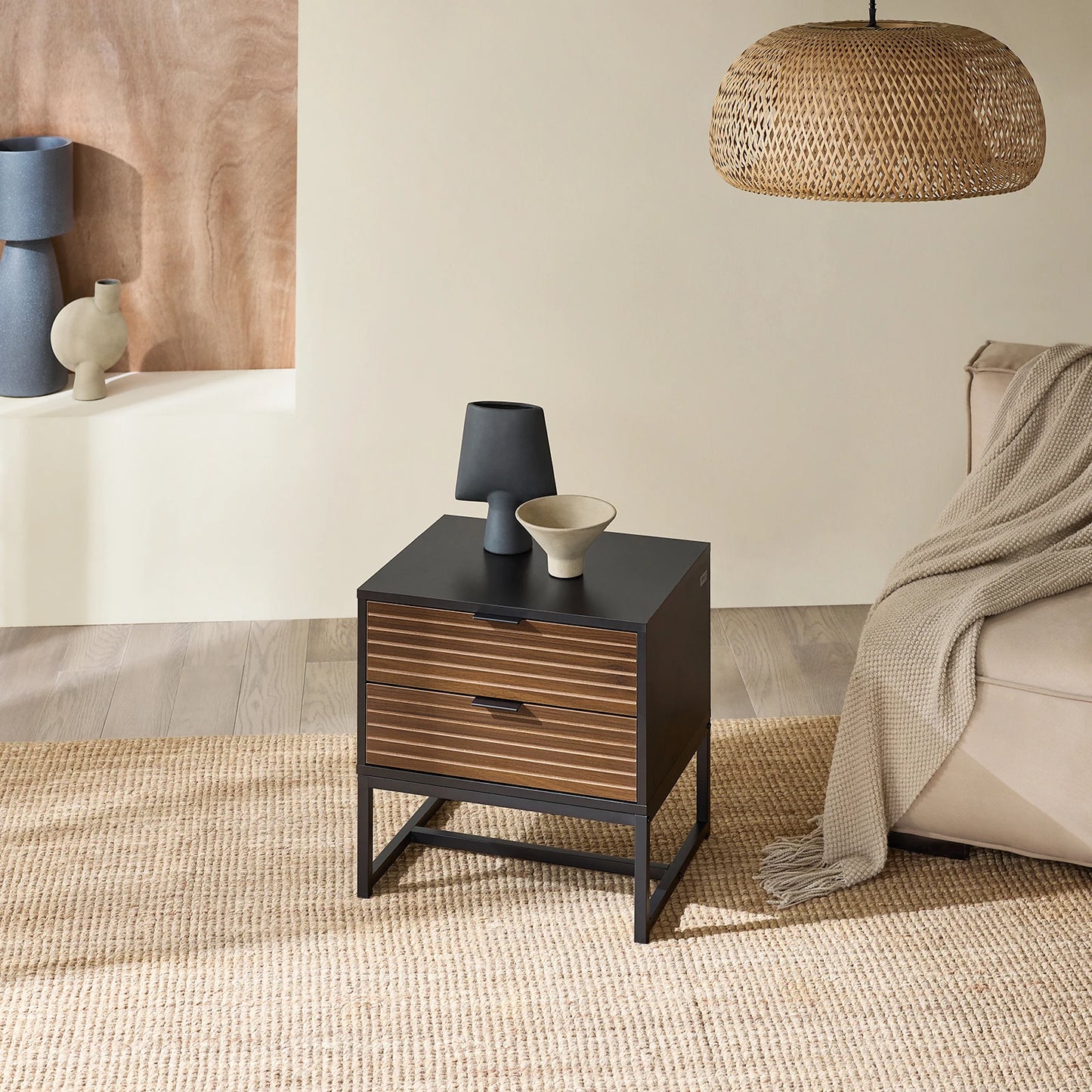 SoBuy Sängbord med 2 Lådor – Svart/Brun med Industriell Känsla (50 × 50 × 40 cm)