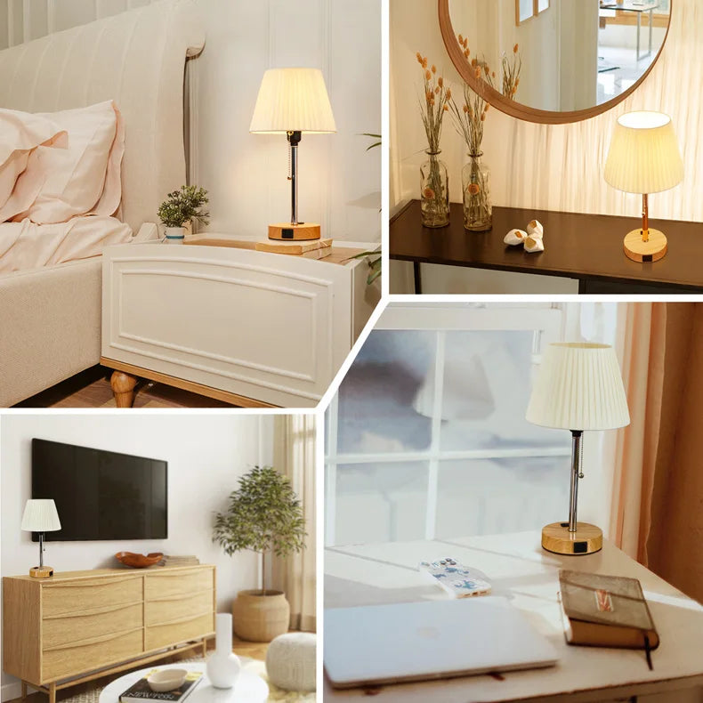 LED Sängbordslampa med USB-C-laddningsport – Modern bordslampa med tygskärm och dragströmbrytare