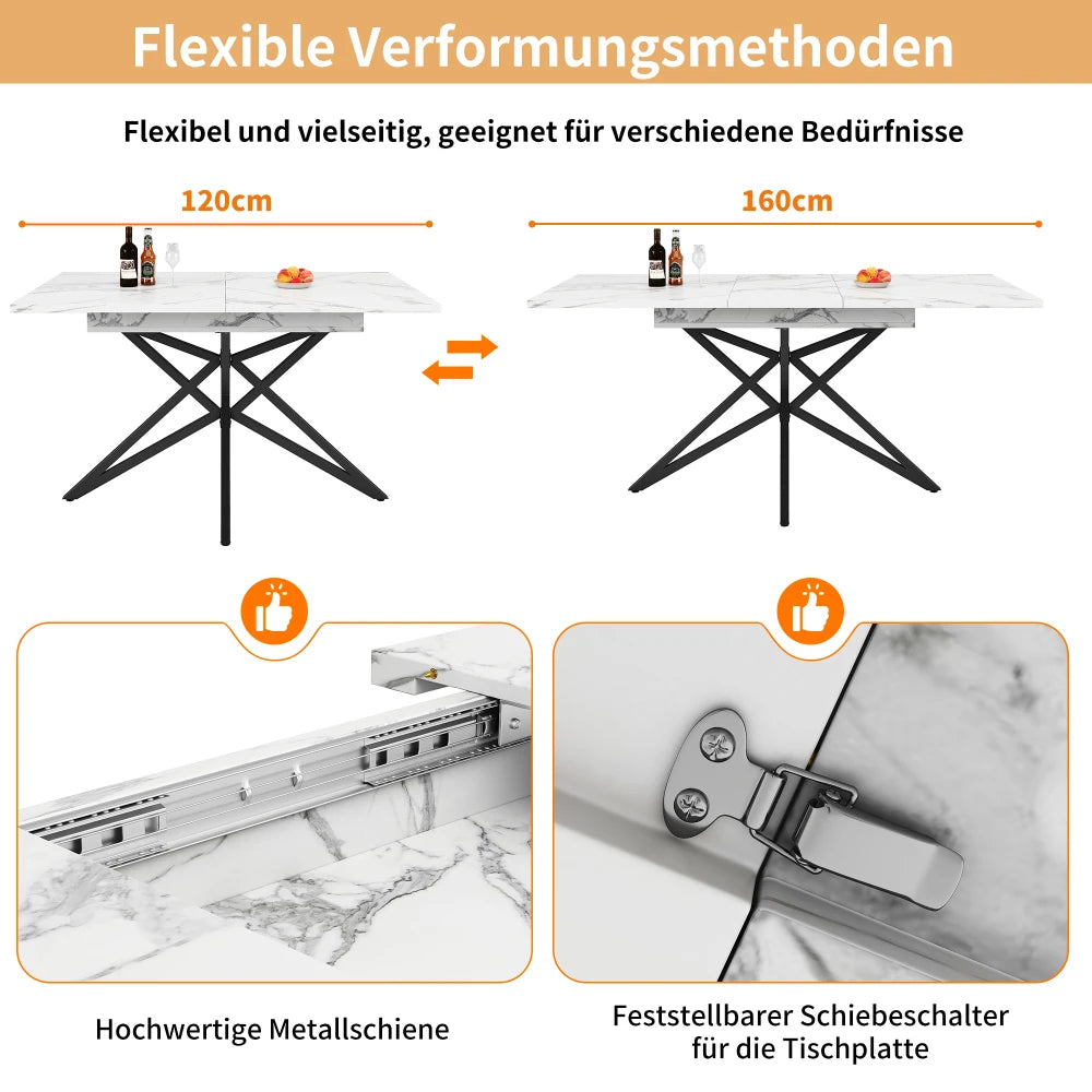 Utdragbart matbord 120–160 × 80 cm – vit marmoreffekt med svarta metallben